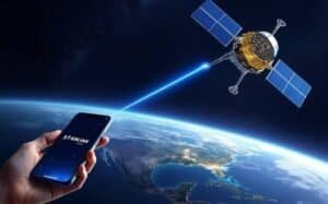 Starlink satellite transmitting internet signal to a smartphone from space.