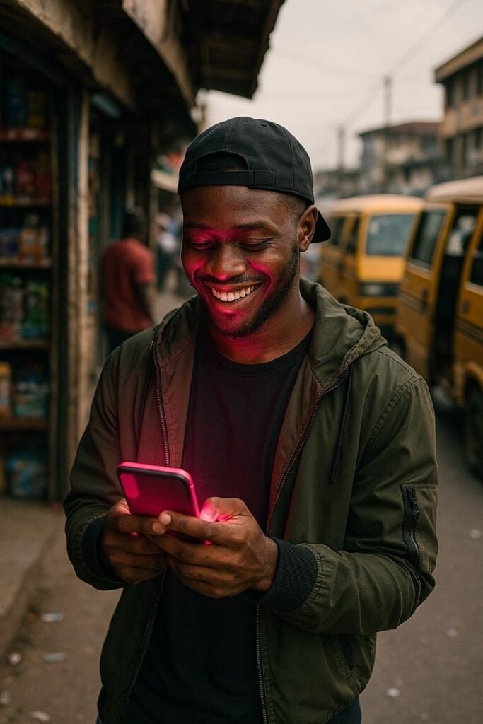 Young man smiling while using his phone outdoors in an urban setting.