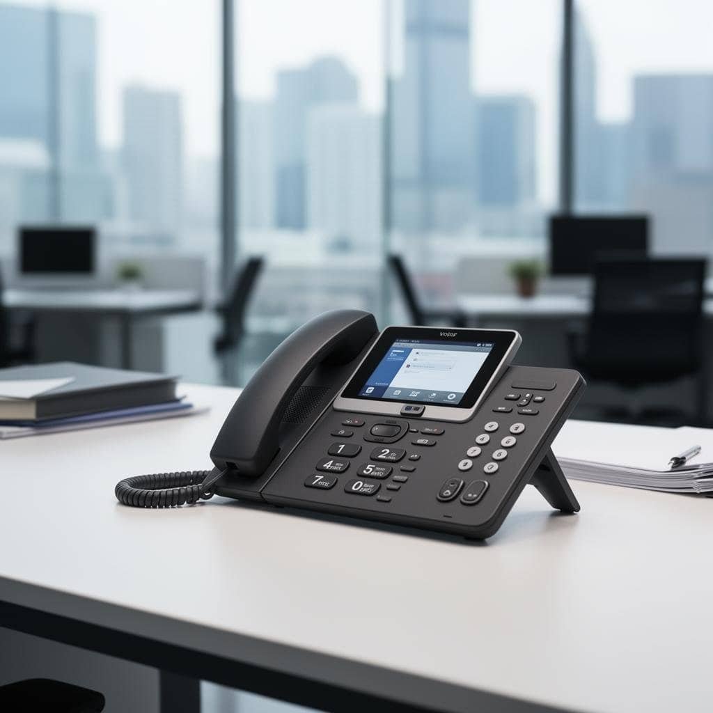 Modern IP telephony device with touchscreen on office desk.