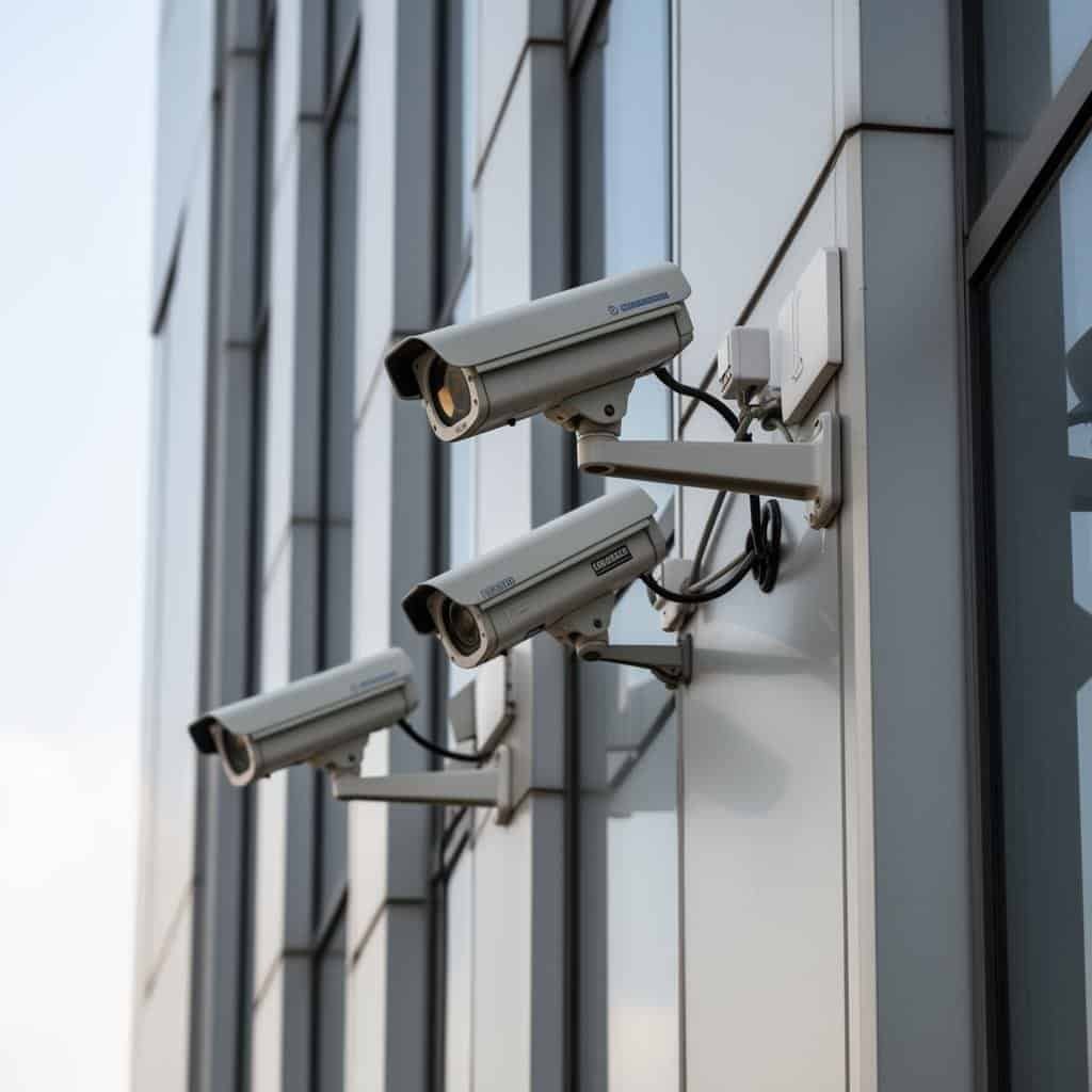 Security cameras for video surveillance on modern building facade.